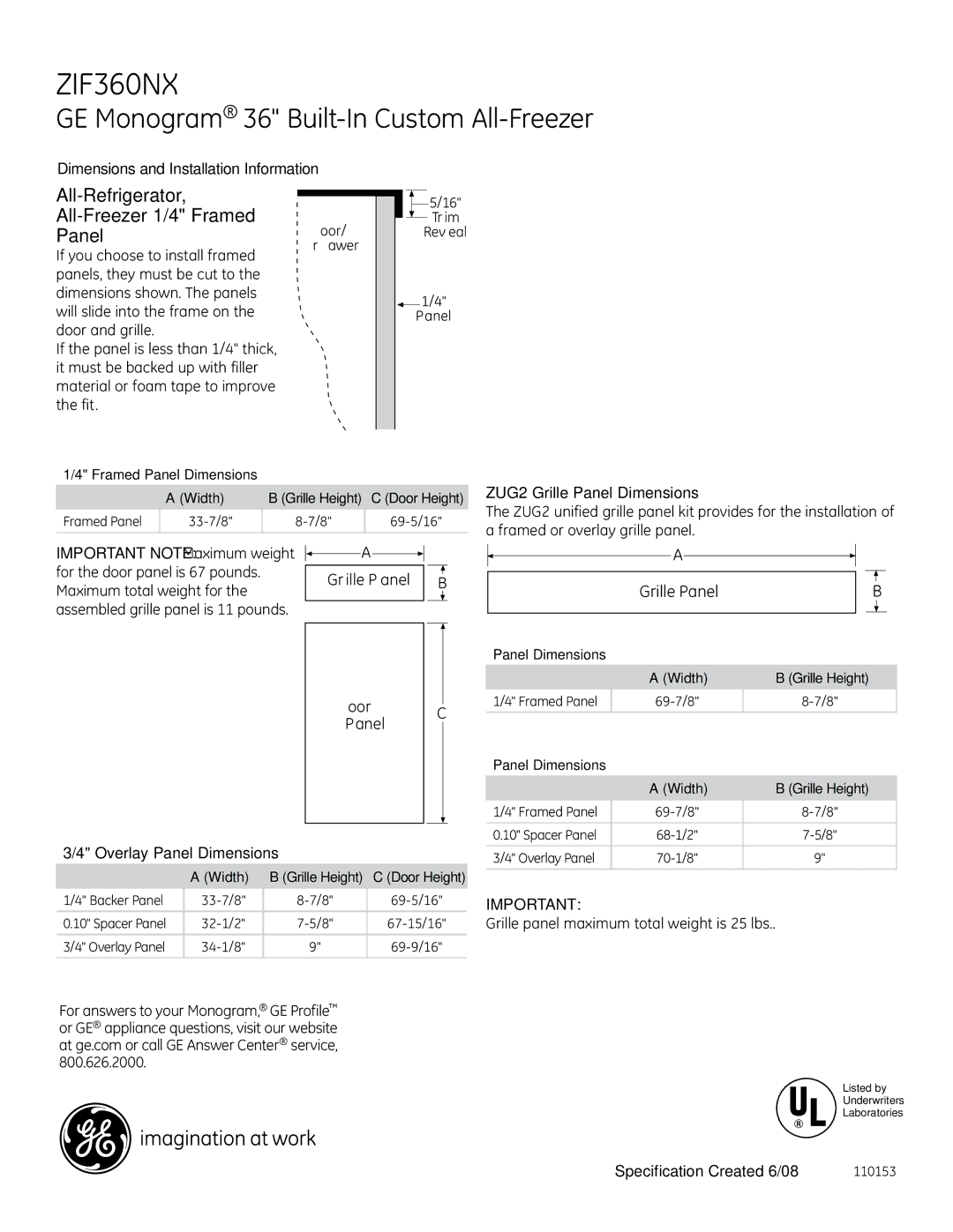 GE Monogram ZIF360NXLH, ZIF360NXRH dimensions All-Refrigerator All-Freezer 1/4 Framed Panel, ZUG2 Grille Panel Dimensions 