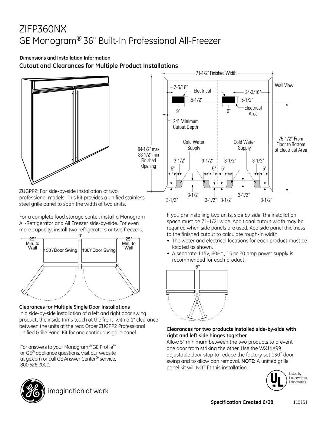 GE Monogram ZIFP360NX dimensions Cutout and Clearances for Multiple Product Installations 