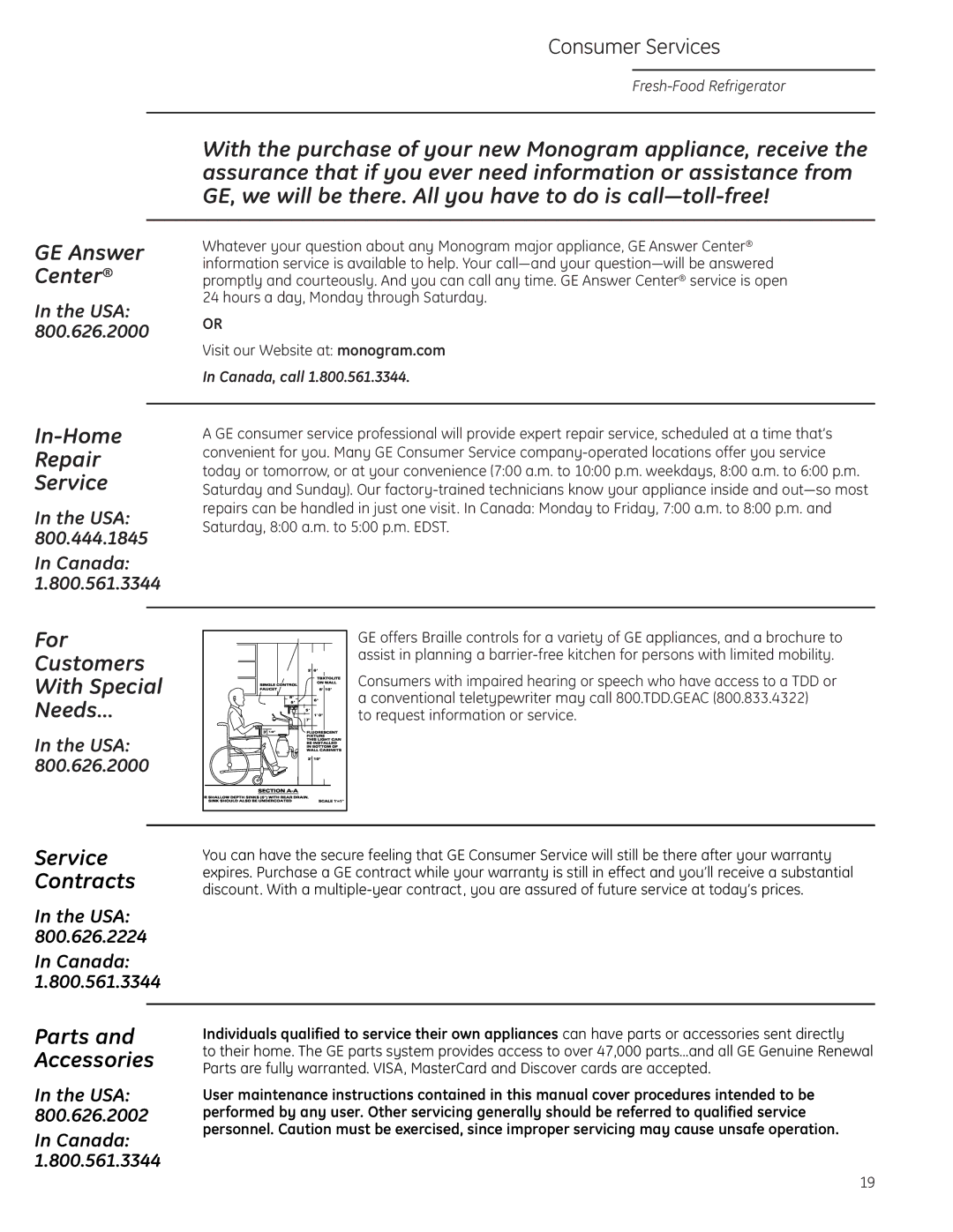 GE Monogram ZIFI240, ZIFS240 owner manual Consumer Services, Canada, call 