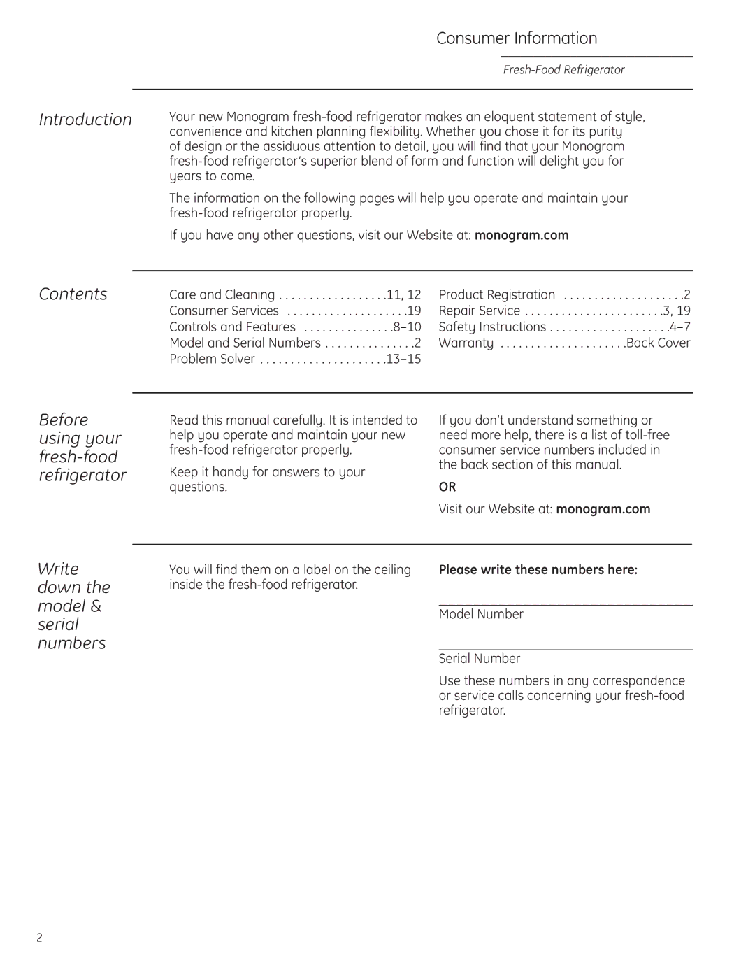 GE Monogram ZIFS240, ZIFI240 owner manual Introduction, Contents, Before using your fresh-food refrigerator 