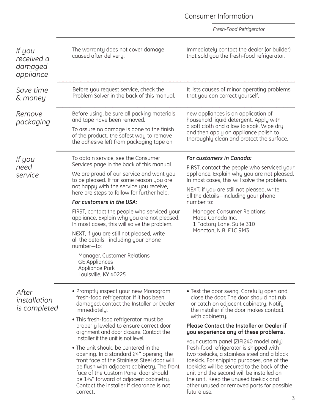 GE Monogram ZIFI240, ZIFS240 owner manual If you need service, After installation is completed 