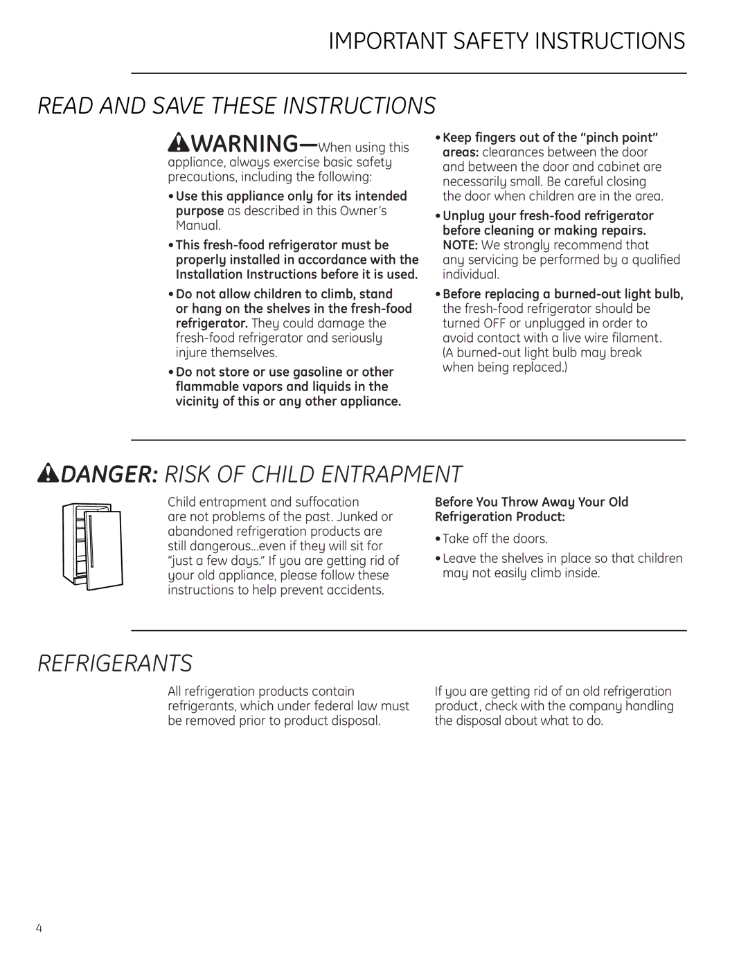 GE Monogram ZIFS240 Read and Save These Instructions, Refrigerants, Before You Throw Away Your Old Refrigeration Product 