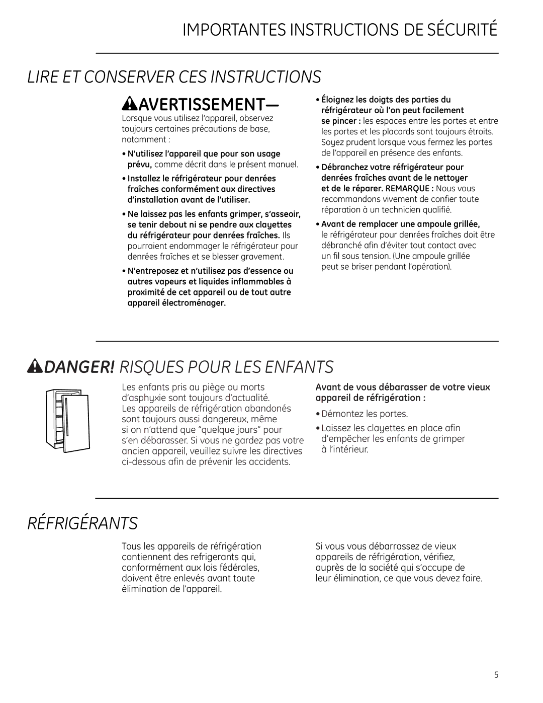 GE Monogram ZIFI240, ZIFS240 owner manual Lire ET Conserver CES Instructions, Réfrigérants 