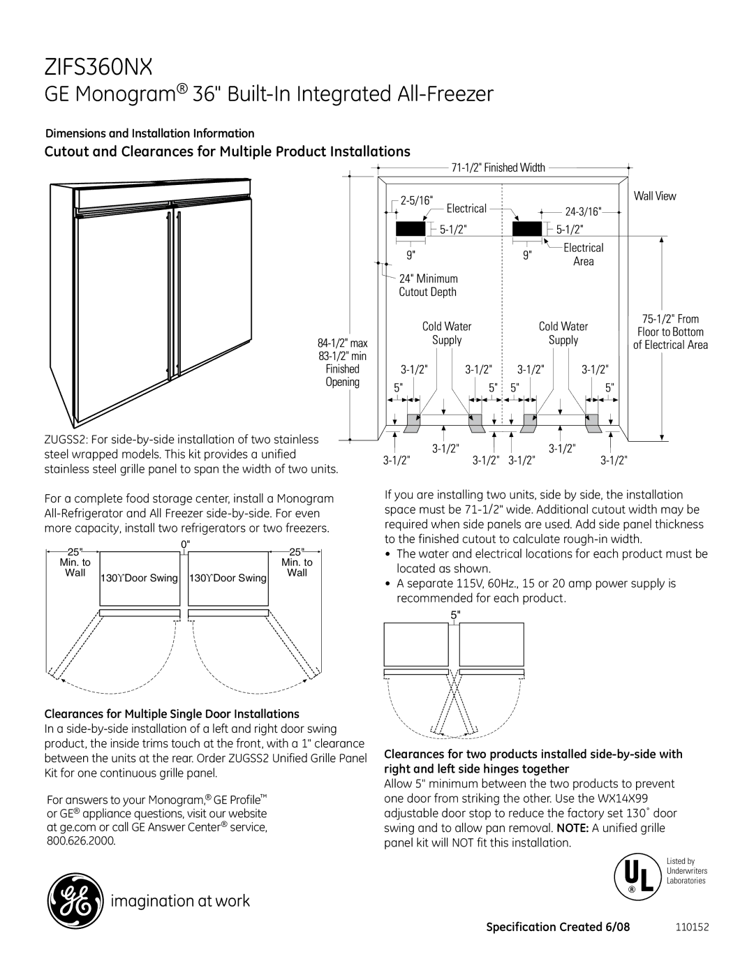 GE Monogram ZIFS360NX dimensions Cutout and Clearances for Multiple Product Installations 