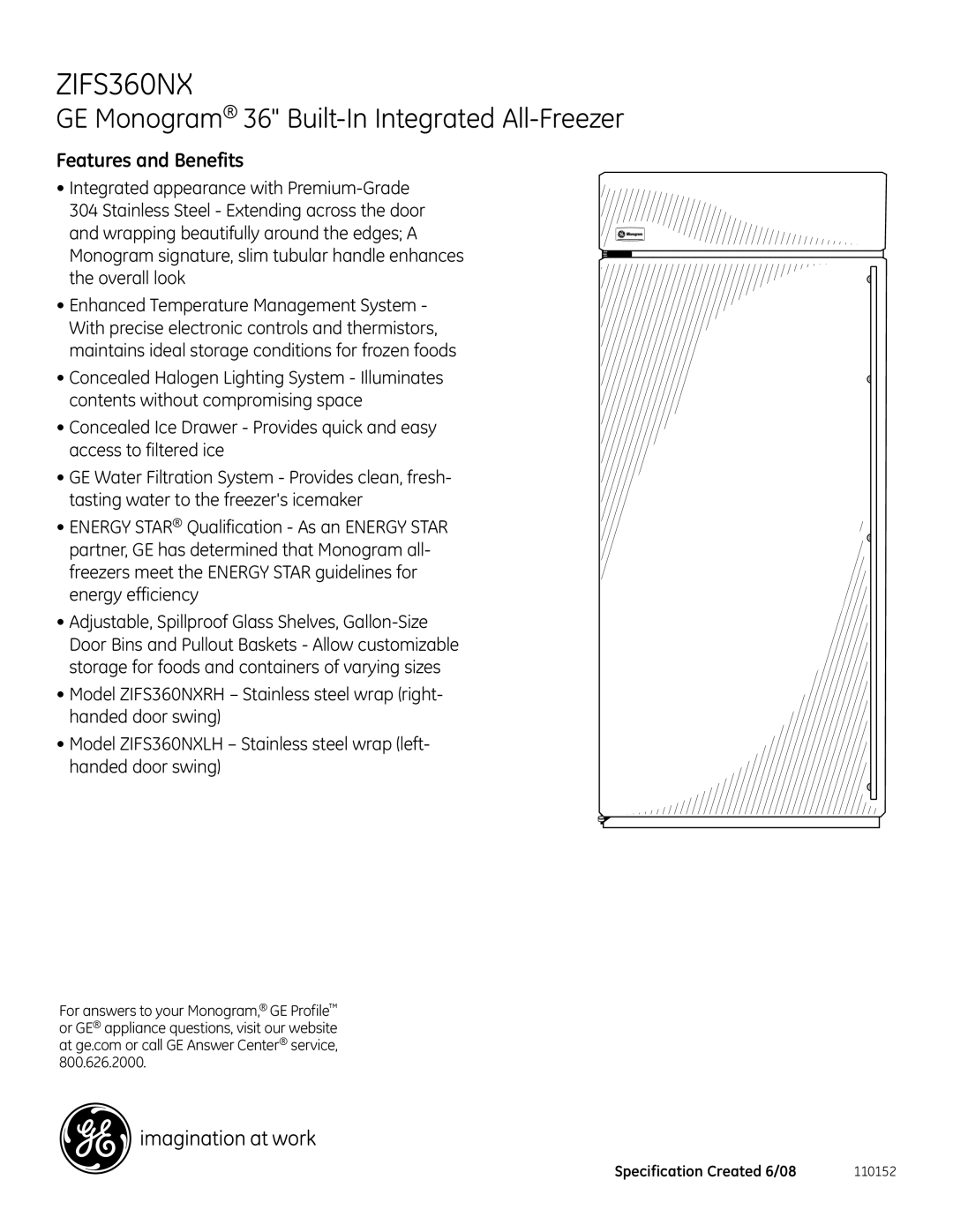 GE Monogram ZIFS360NX dimensions Features and Benefits 