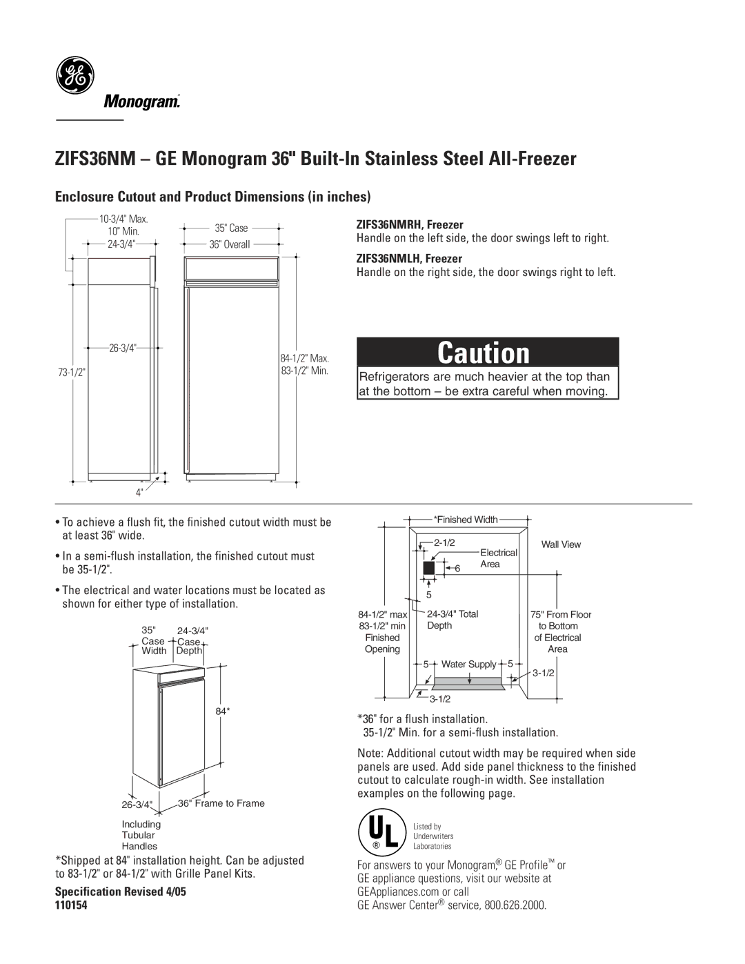 GE Monogram dimensions Enclosure Cutout and Product Dimensions in inches, ZIFS36NMRH, Freezer, ZIFS36NMLH, Freezer 