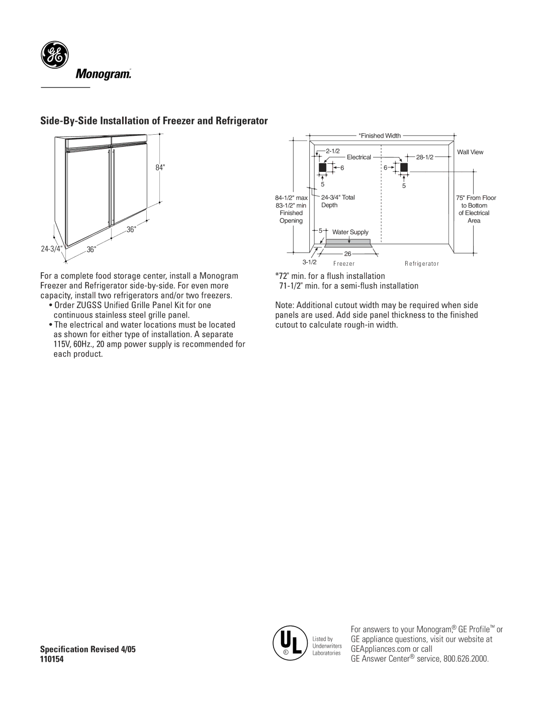 GE Monogram ZIFS36NM dimensions Side-By-Side Installation of Freezer and Refrigerator 