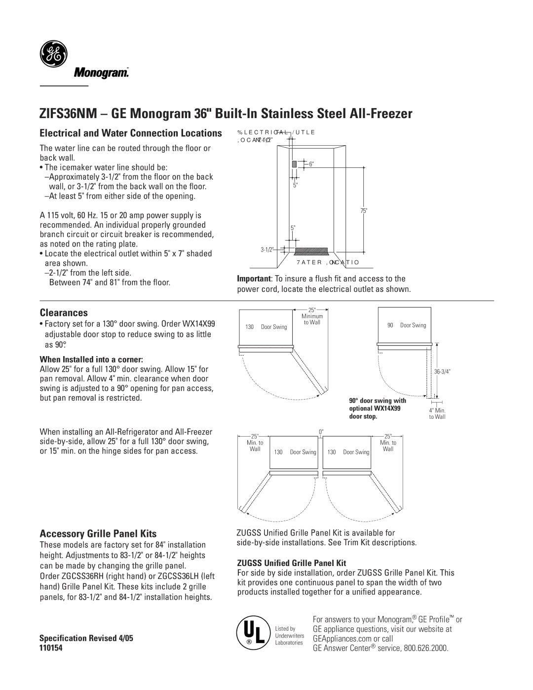 GE Monogram ZIFS36NM dimensions Clearances, Accessory Grille Panel Kits, Electrical and Water Connection Locations 