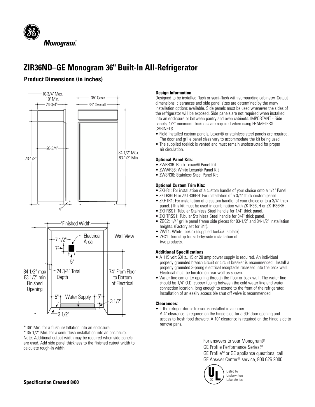 GE Monogram ZIR36NDGE dimensions Product Dimensions in inches, Specification Created 8/00 