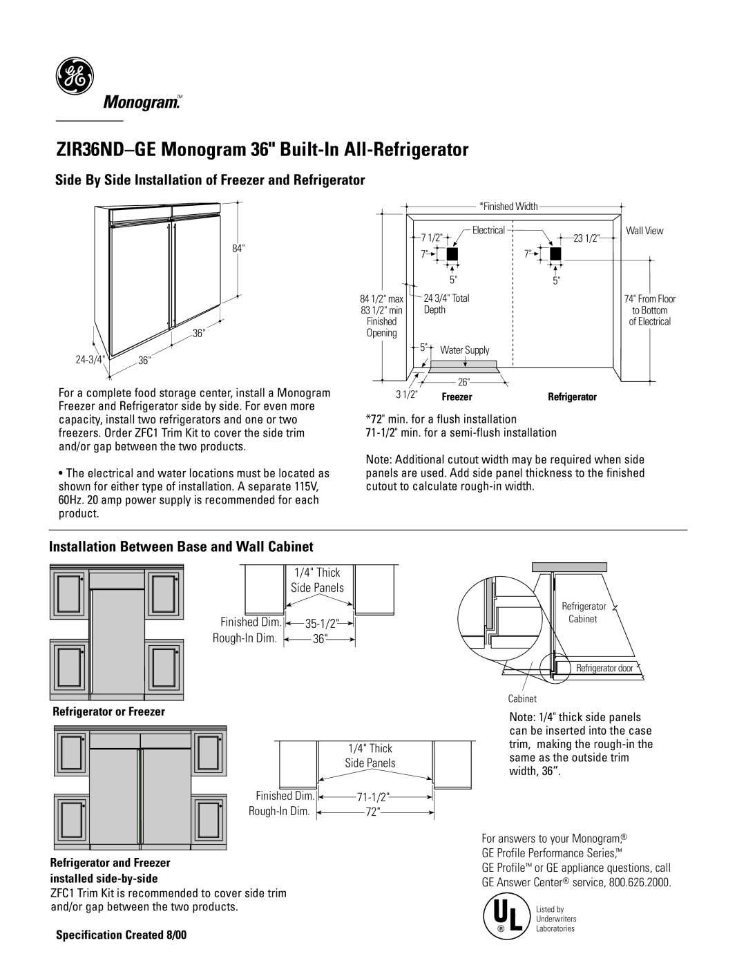 GE Monogram ZIR36NDGE Side By Side Installation of Freezer and Refrigerator, Installation Between Base and Wall Cabinet 