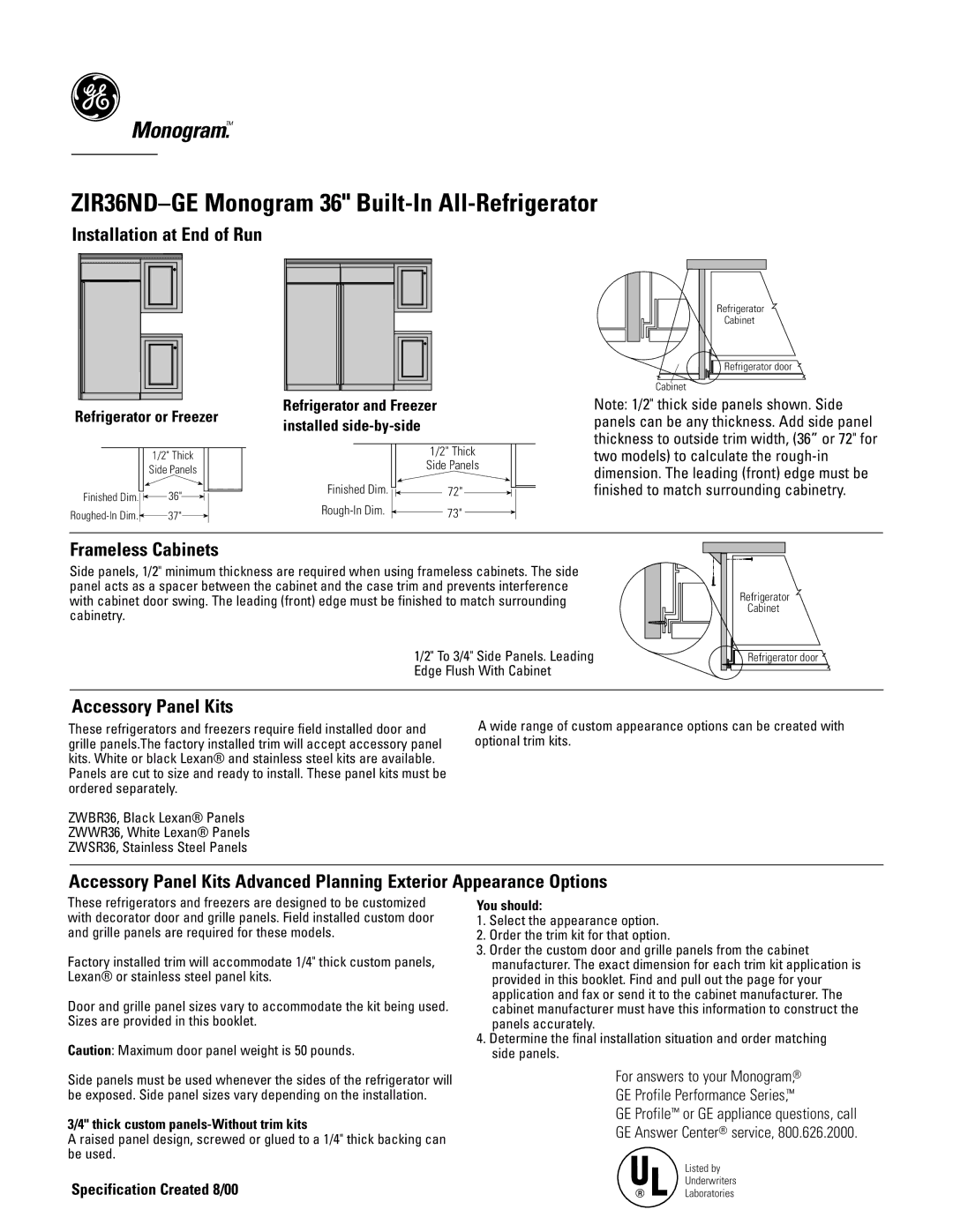 GE Monogram ZIR36NDGE dimensions Installation at End of Run, Frameless Cabinets, Accessory Panel Kits 