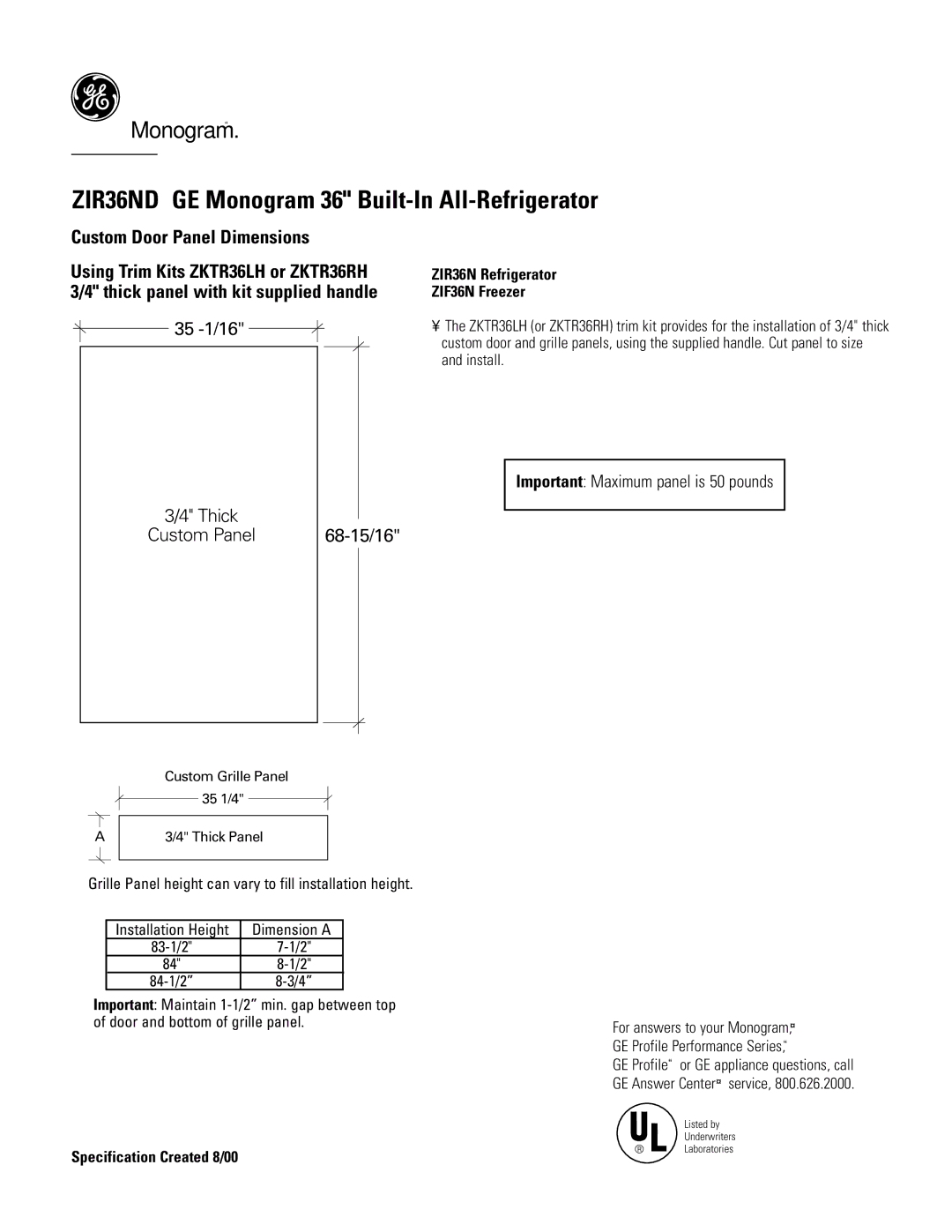 GE Monogram ZIR36NDGE dimensions Custom Door Panel Dimensions, 68-15/16 