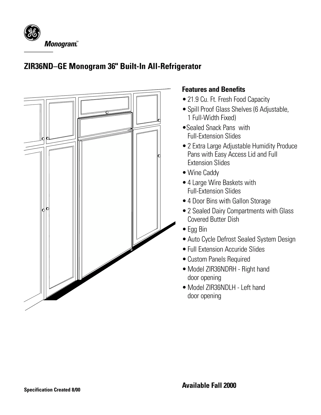 GE Monogram ZIR36NDGE dimensions Available Fall 