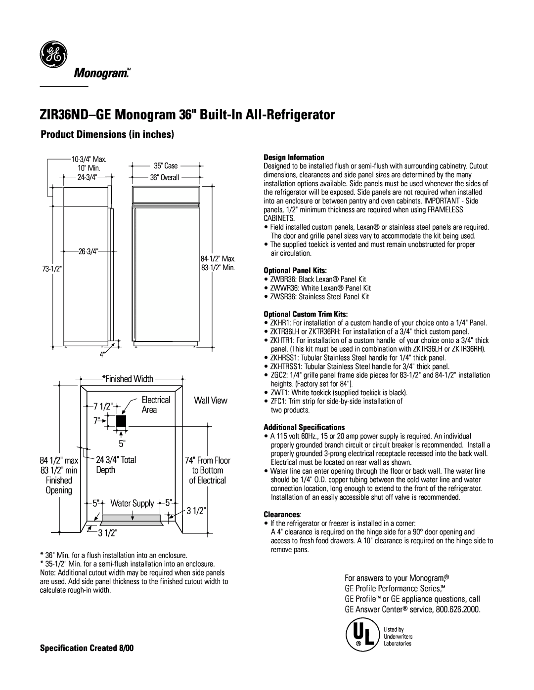 GE Monogram ZIR36NDGE dimensions ZIR36ND-GEMonogram 36 Built-In All-Refrigerator, Product Dimensions in inches 