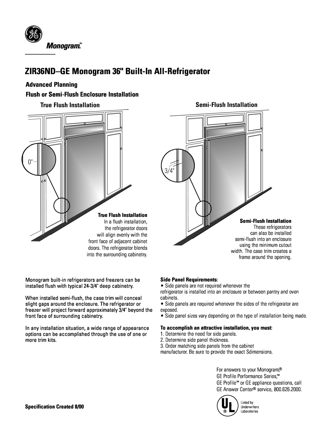 GE Monogram ZIR36NDGE ZIR36ND-GEMonogram 36 Built-In All-Refrigerator, Advanced Planning, True Flush Installation 