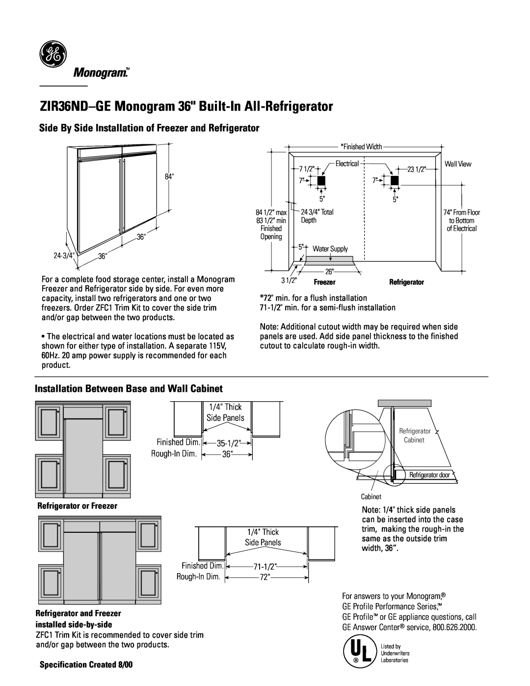 GE Monogram ZIR36NDGE ZIR36ND-GEMonogram 36 Built-In All-Refrigerator, Installation Between Base and Wall Cabinet, 35-1/2 