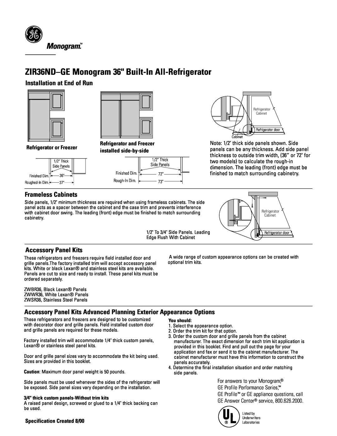 GE Monogram ZIR36NDGE ZIR36ND-GEMonogram 36 Built-In All-Refrigerator, Installation at End of Run, Frameless Cabinets 
