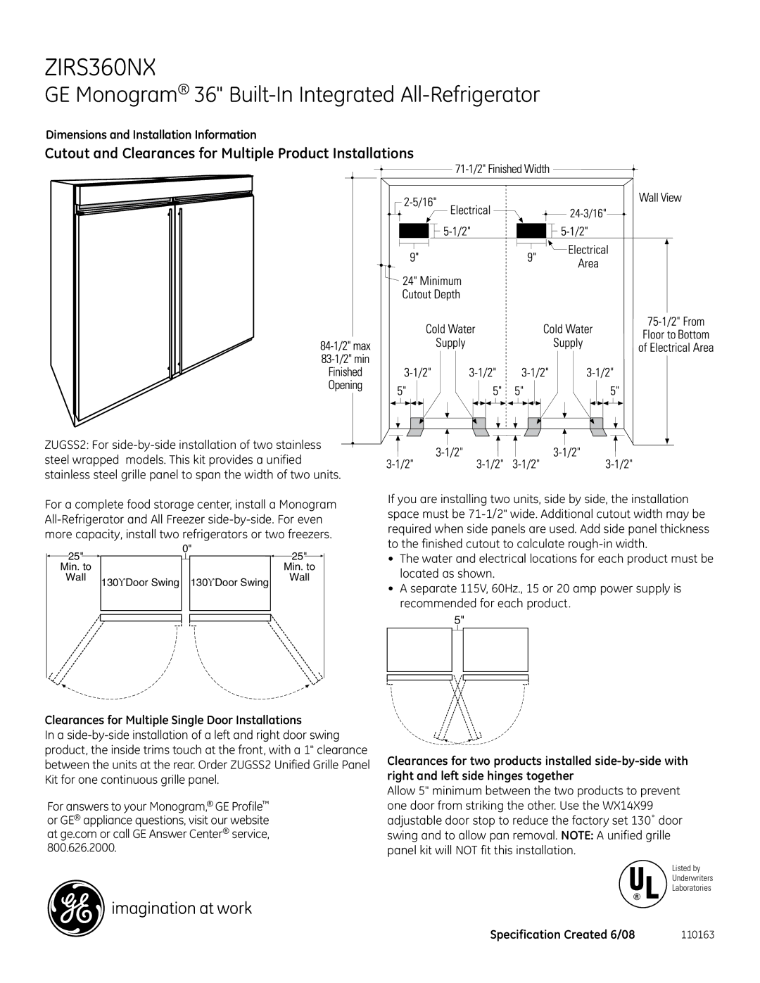 GE Monogram ZIRS360NXRH dimensions Cutout and Clearances for Multiple Product Installations 