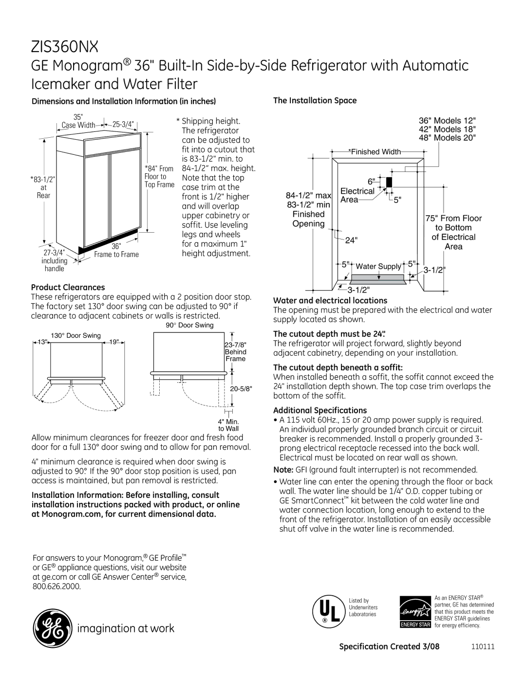 GE Monogram ZIS360NX dimensions Product Clearances, Water and electrical locations, Cutout depth must be 