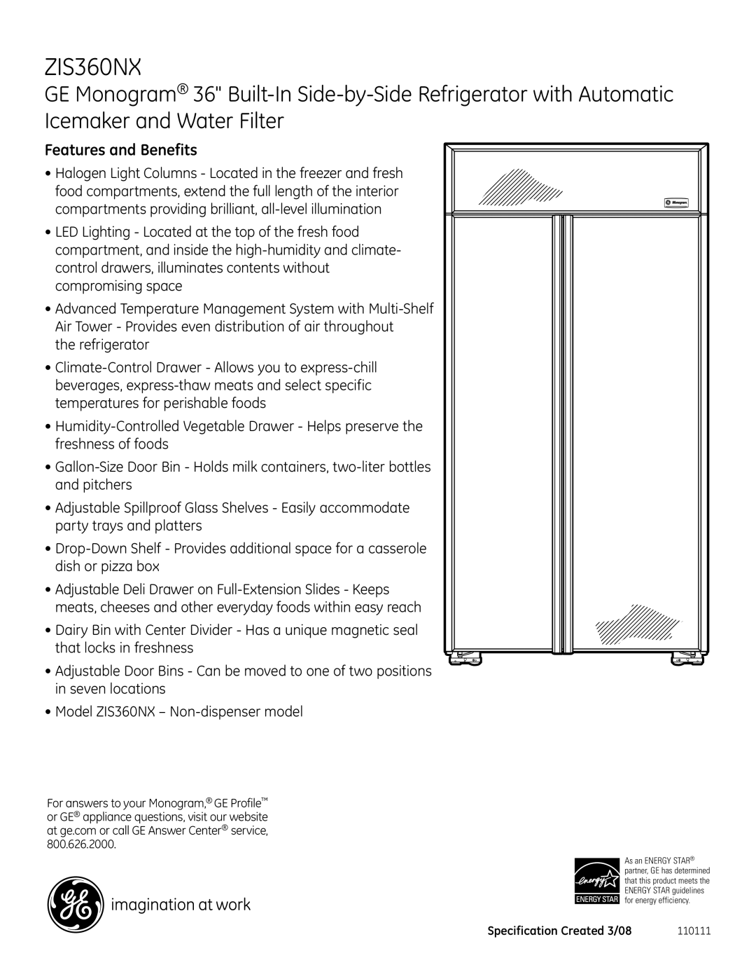 GE Monogram ZIS360NX dimensions Features and Benefits 