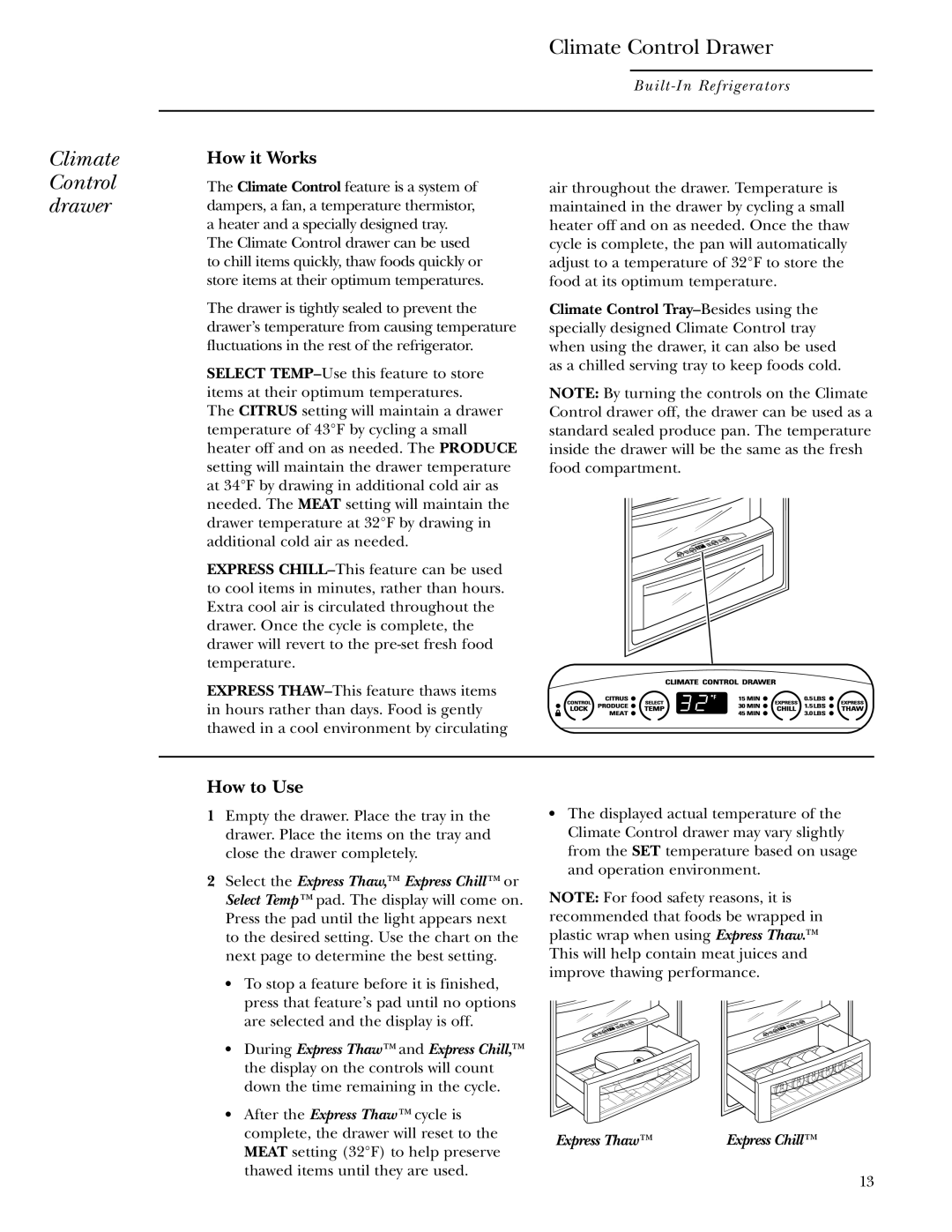 GE Monogram ZIS36NCA, ZIS36NCB, ZIS48NCB, ZIS48NCA, ZIS42NCA, ZIS42NCB owner manual Climate, Control drawer 