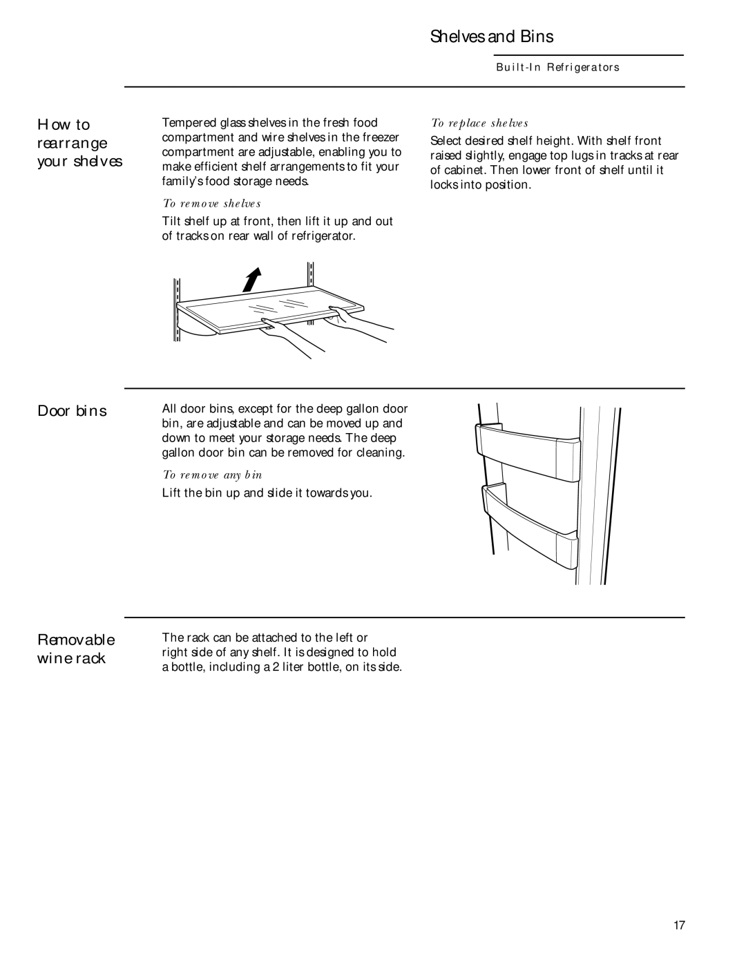 GE Monogram ZIS42NCB How to rearrange your shelves, Door bins Removable wine rack, To remove shelves, To replace shelves 