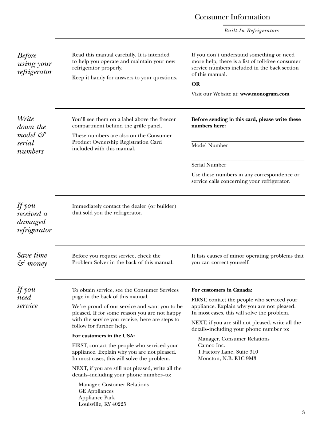 GE Monogram ZIS48NCA, ZIS36NCB Before using your refrigerator, Write down the model & serial numbers, If you need service 