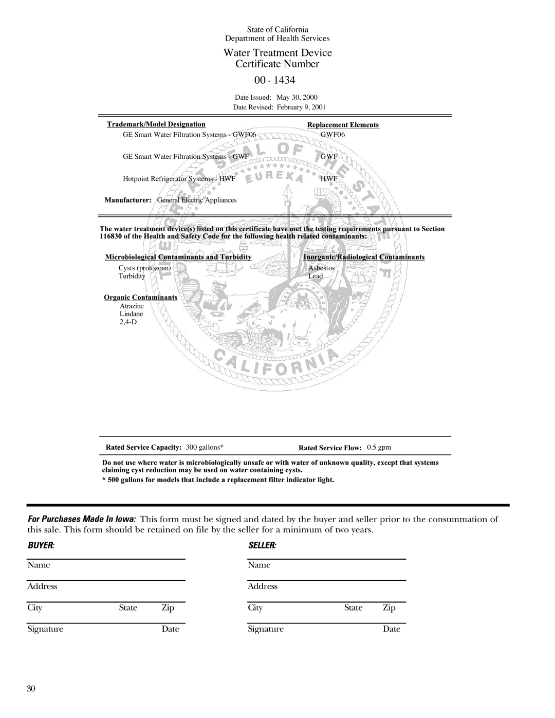 GE Monogram ZIS36NCB, ZIS36NCA, ZIS48NCB, ZIS48NCA, ZIS42NCA, ZIS42NCB owner manual Water Treatment Device Certificate Number 