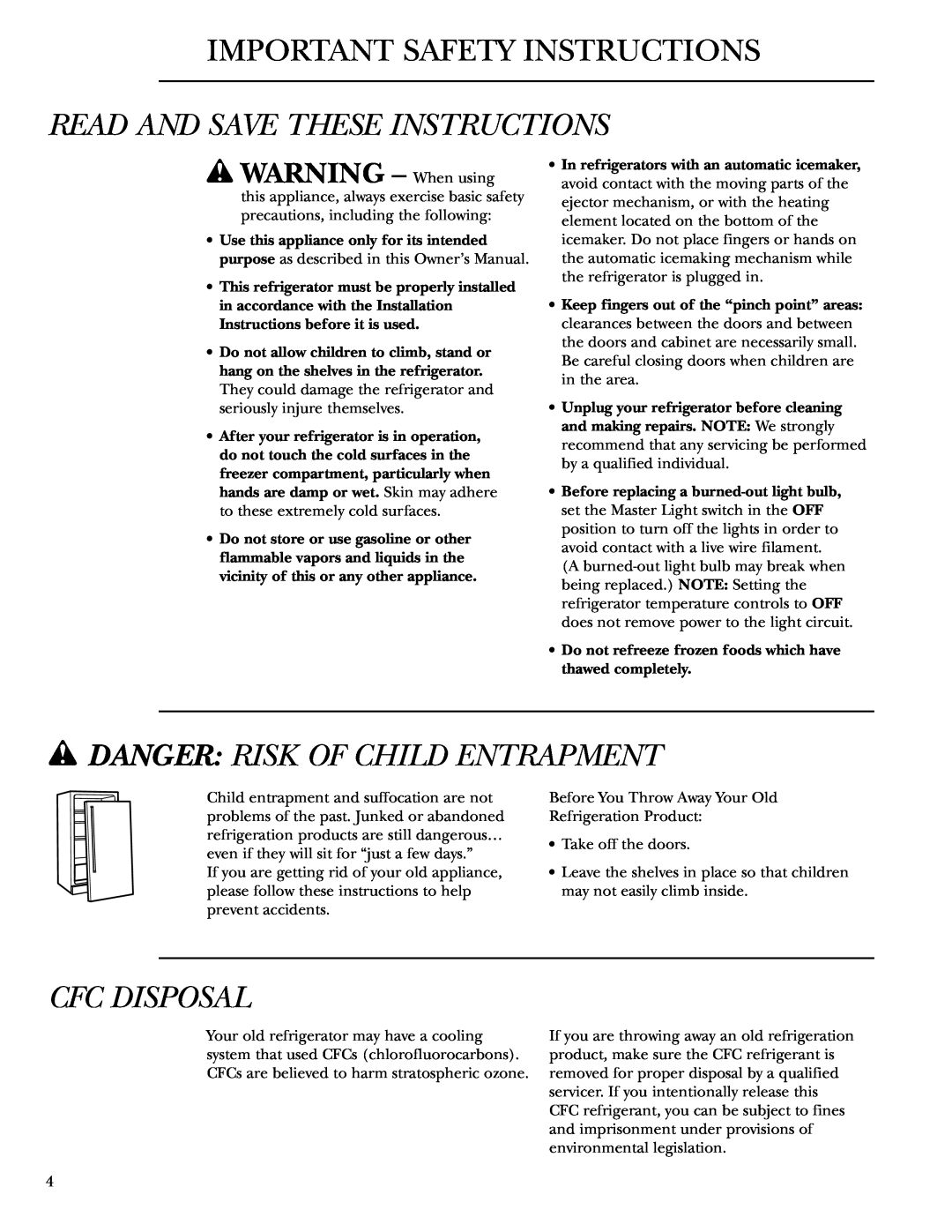 GE Monogram ZIS42NCA Important Safety Instructions, Read And Save These Instructions, wDANGER RISK OF CHILD ENTRAPMENT 