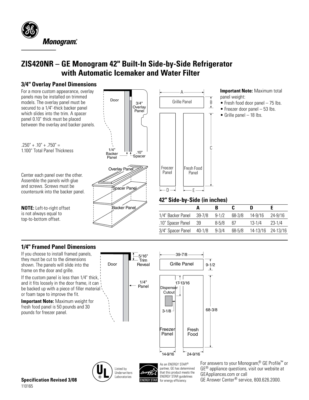 GE Monogram ZIS420NR installation instructions Side-by-Side in inches, Overlay Panel Dimensions, Framed Panel Dimensions 