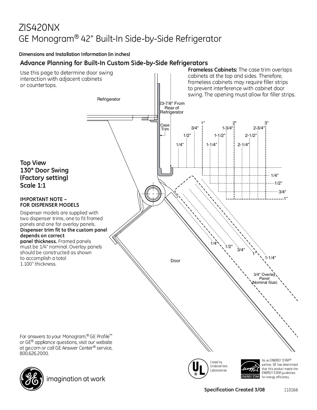 GE Monogram ZIS420NX dimensions Top View, Door Swing Factory setting Scale, To accomplish a total 1.100 thickness 