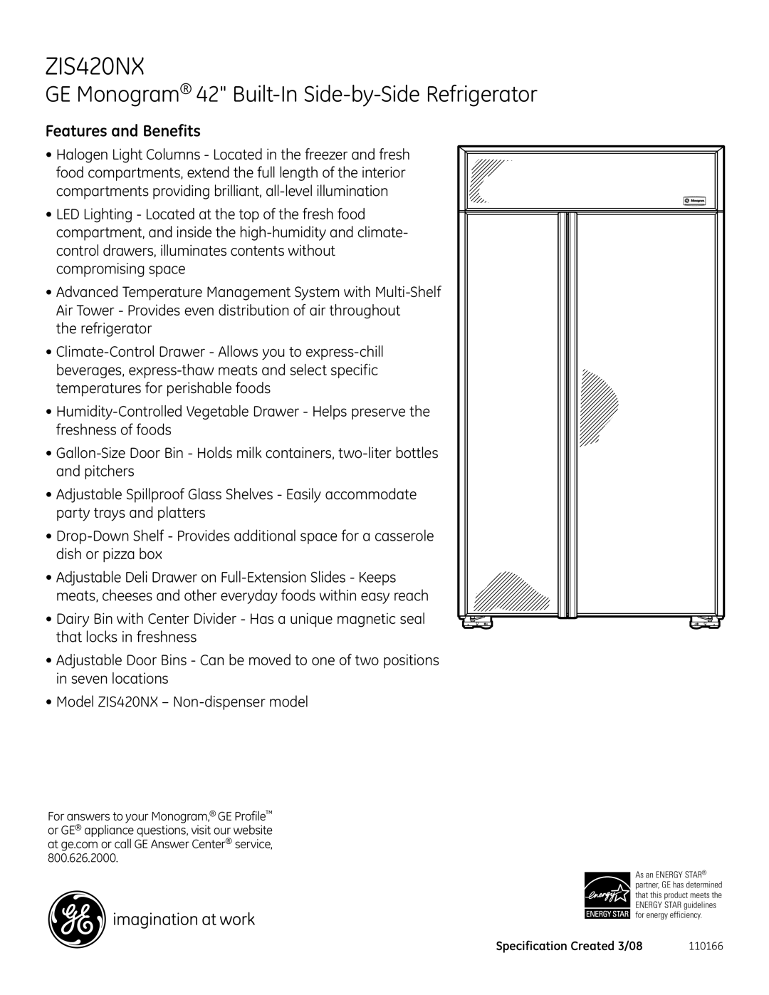 GE Monogram ZIS420NX dimensions Features and Benefits 