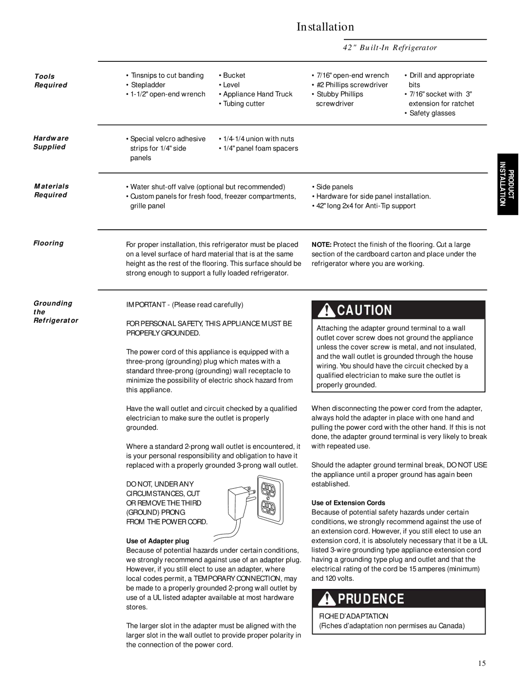 GE Monogram ZIS42N, ZISB42D, ZISW42D installation instructions Installation, Use of Adapter plug, Use of Extension Cords 