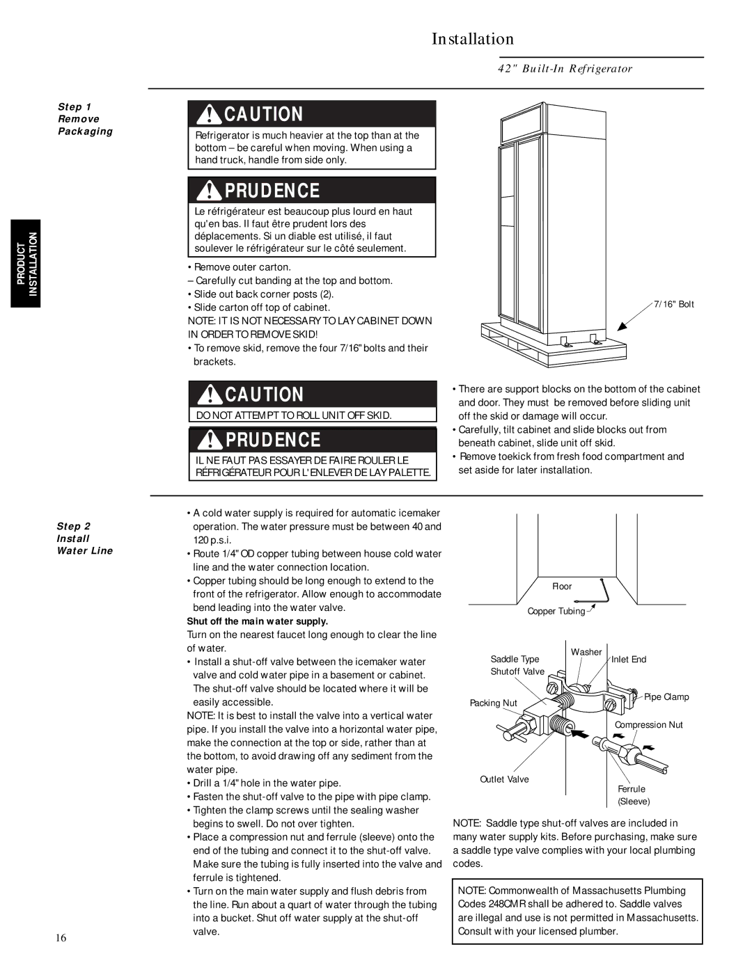 GE Monogram ZISB42D, ZIS42N Slide carton off top of cabinet, Shut off the main water supply, Floor Copper Tubing, Washer 