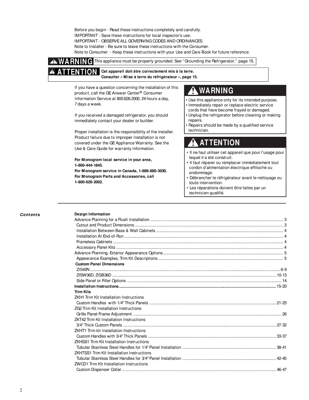 GE Monogram ZISW42D Consulter « Mise à terre du réfrigérateur », Design Information, Custom Panel Dimensions, Trim Kits 