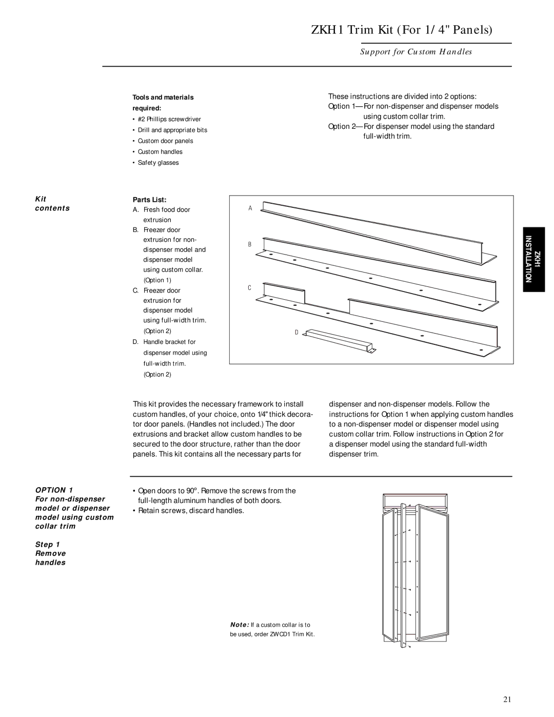 GE Monogram ZIS42N, ZISB42D, ZISW42D ZKH1 Trim Kit For 1/4 Panels, Support for Custom Handles, Parts List 