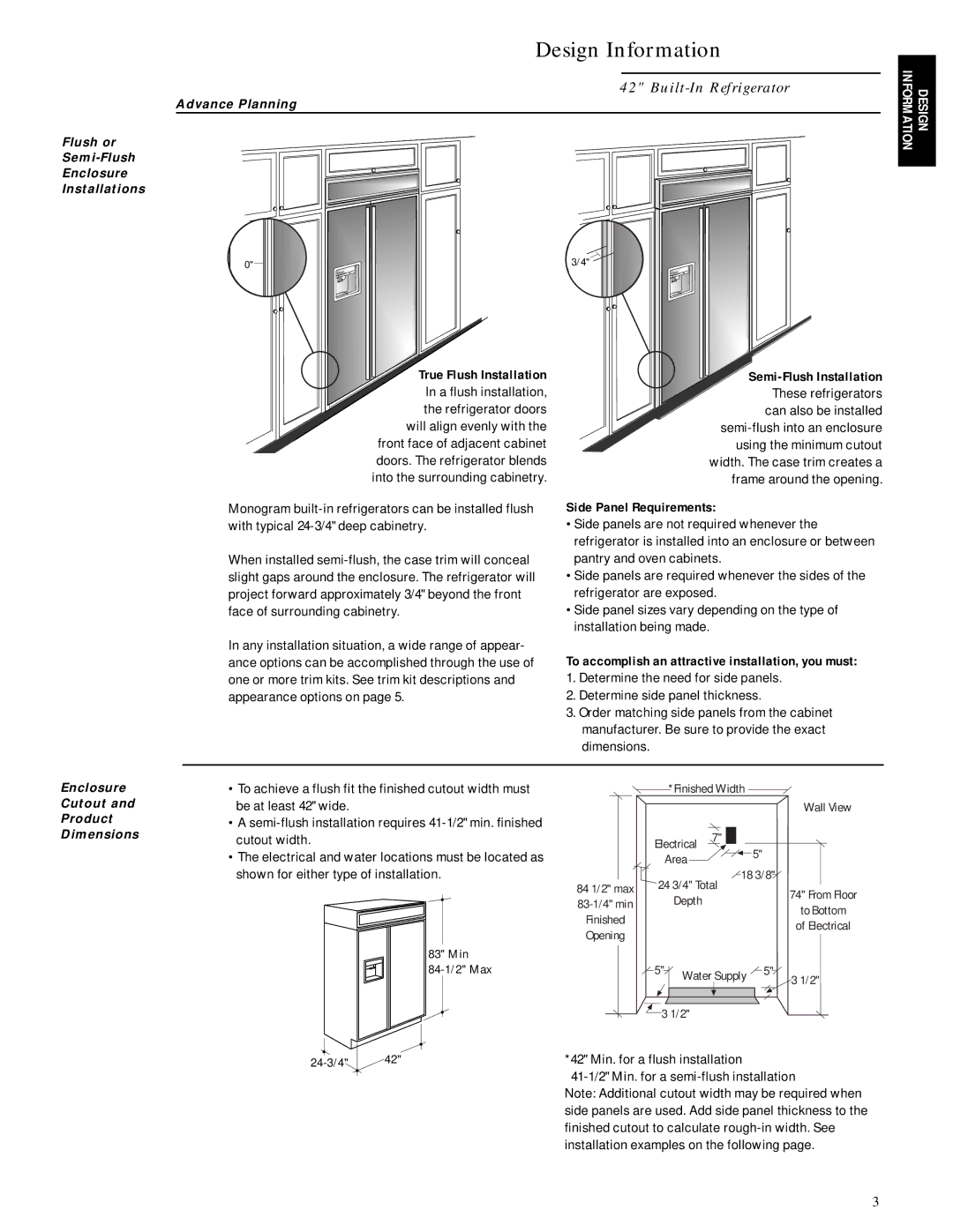 GE Monogram ZIS42N, ZISB42D Design Information, Built-In Refrigerator, True Flush Installation, Side Panel Requirements 