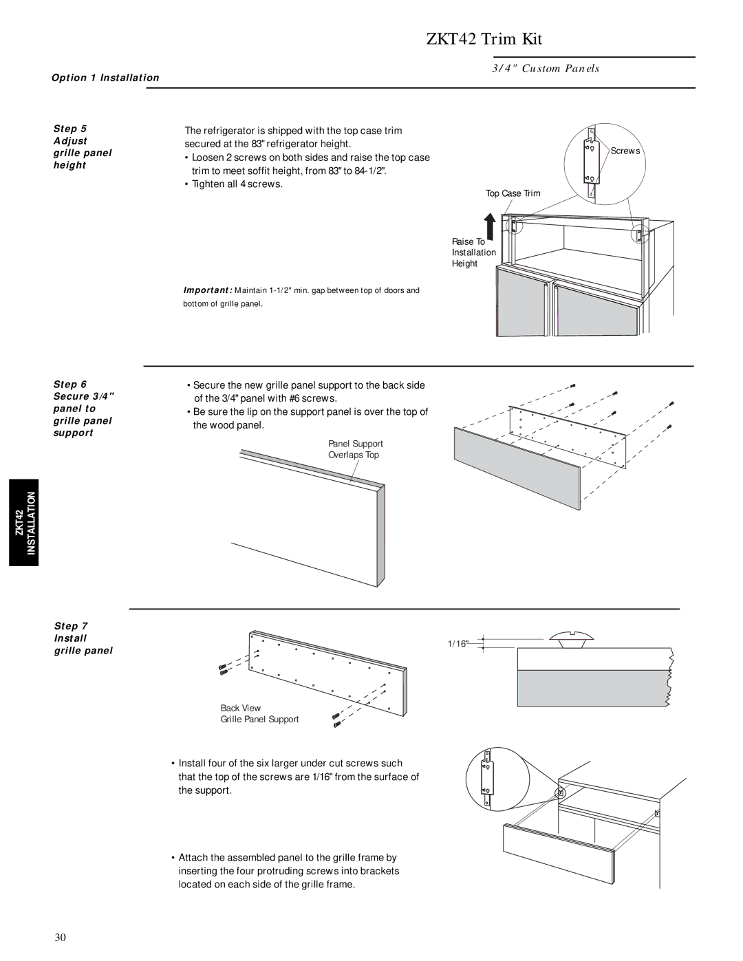 GE Monogram ZIS42N Option 1 Installation Step Adjust Grille panel Height, Secure 3/4 panel to grille panel support 