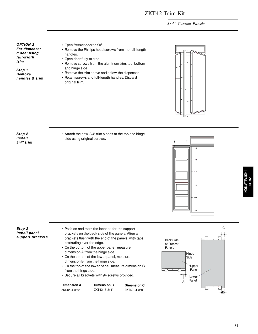 GE Monogram ZISB42D, ZIS42N, ZISW42D Dimension a Dimension B, ZKT42-6-3/4, Back Side Freezer Panels Hinge Upper Lower 