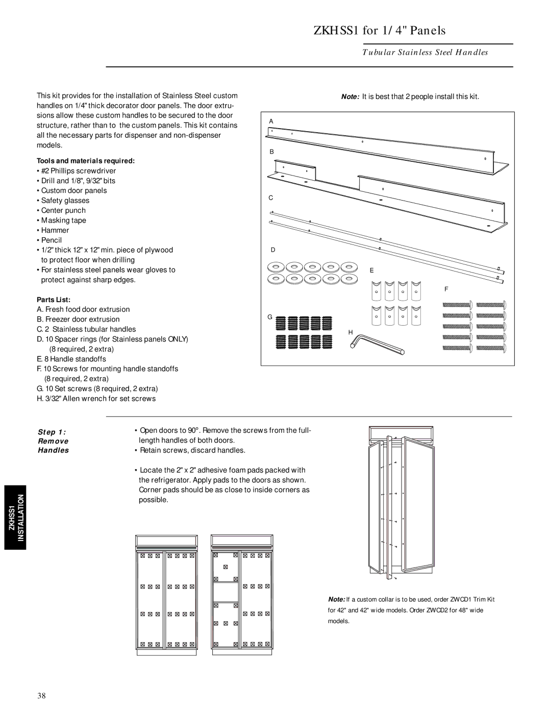 GE Monogram ZISW42D, ZIS42N, ZISB42D ZKHSS1 for 1/4 Panels, Tubular Stainless Steel Handles, Tools and materials required 