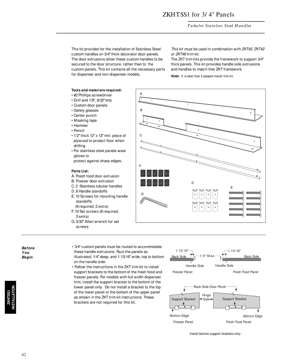 GE Monogram ZIS42N, ZISB42D, ZISW42D installation instructions ZKHTSS1 for 3/4 Panels, Tubulor Stainless Steel Handles 