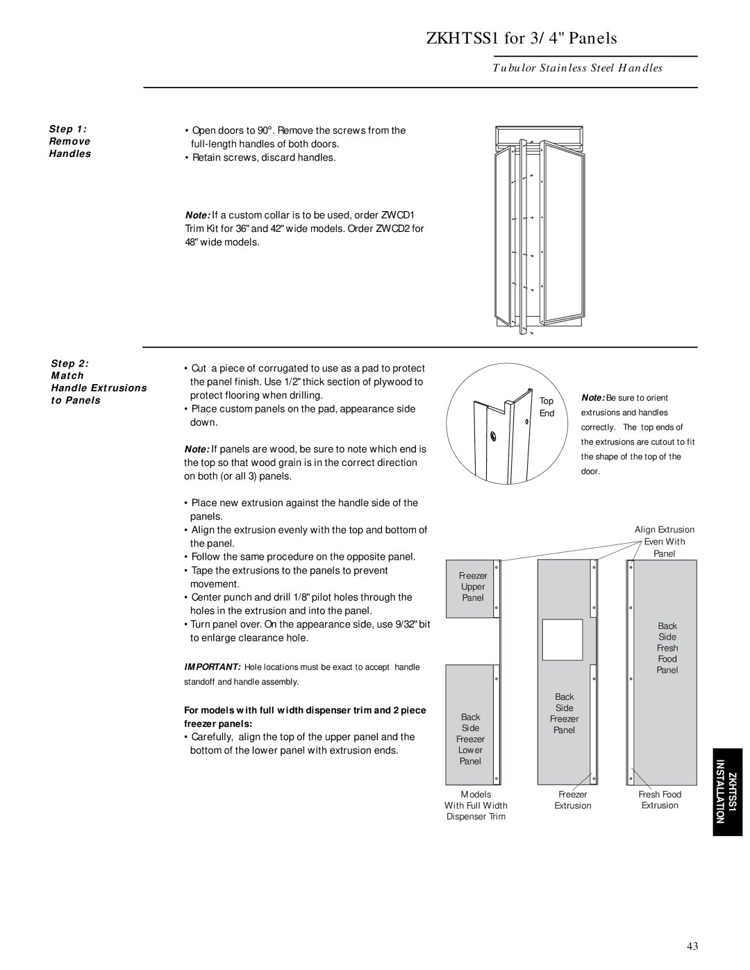 GE Monogram ZISB42D, ZIS42N, ZISW42D installation instructions Freezer panels 