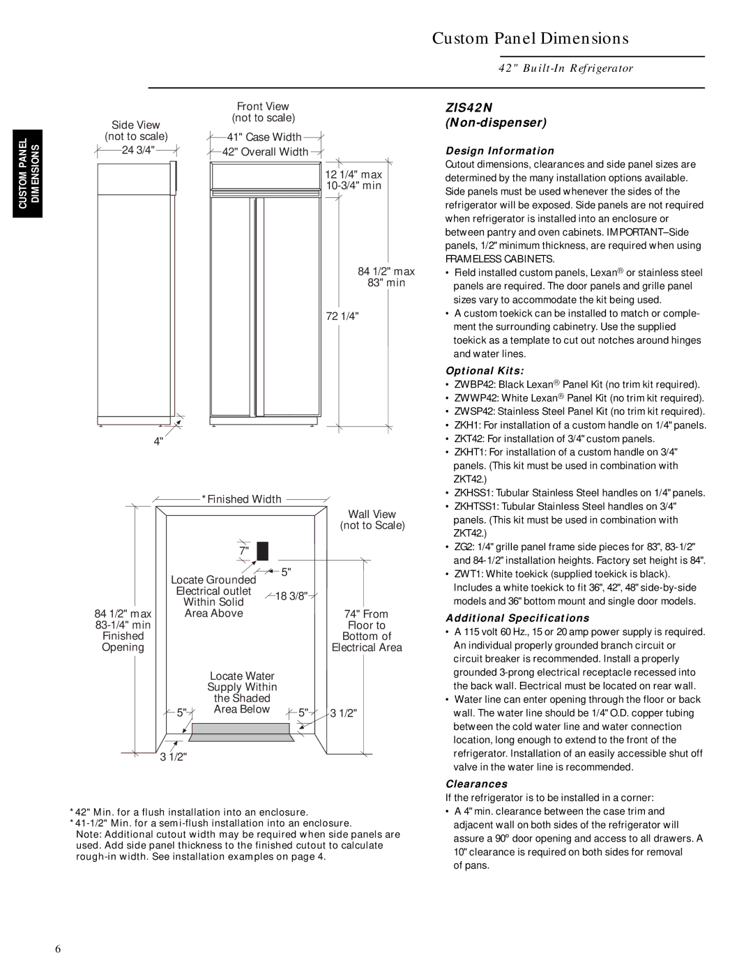 GE Monogram ZIS42N, ZISB42D, ZISW42D installation instructions Custom Panel Dimensions, Non-dispenser 