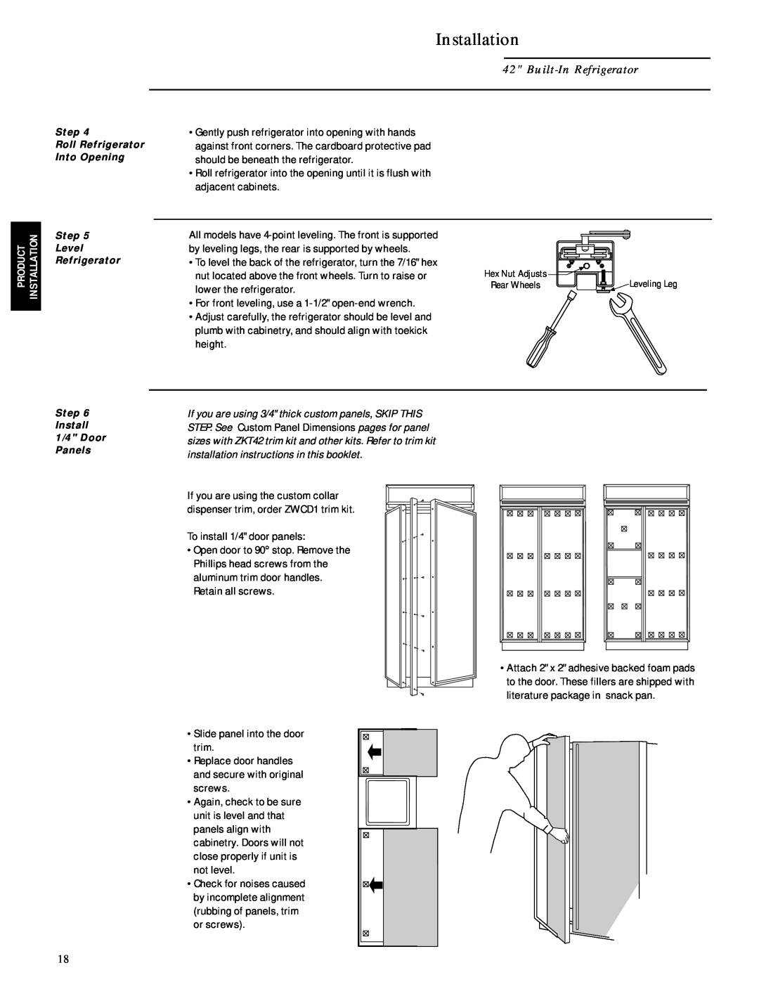 GE Monogram ZIS42N, ZISB42D, ZISW42D Installation, Built-In Refrigerator, For front leveling, use a 1-1/2 open-end wrench 