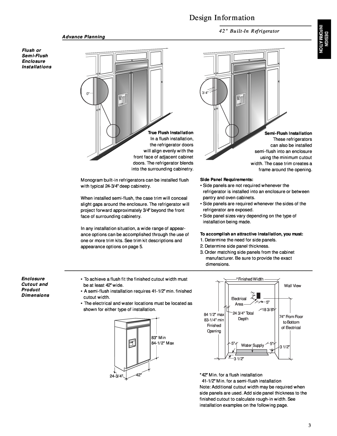 GE Monogram ZIS42N, ZISB42D Design Information, Built-In Refrigerator, True Flush Installation, Side Panel Requirements 