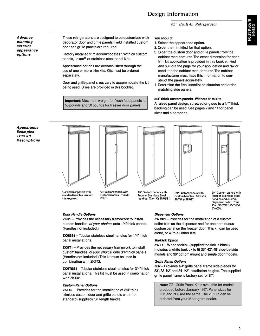 GE Monogram ZISW42D Design Information, Built-In Refrigerator, You should, 3/4 thick custom panels-Without trim kits 