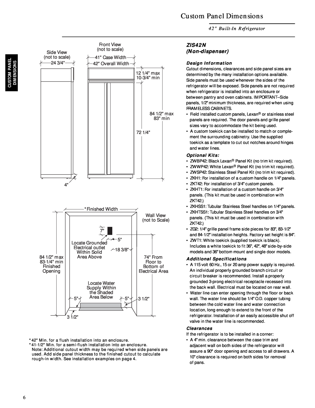GE Monogram ZIS42N, ZISB42D, ZISW42D installation instructions Custom Panel Dimensions, Built-In Refrigerator, Non-dispenser 