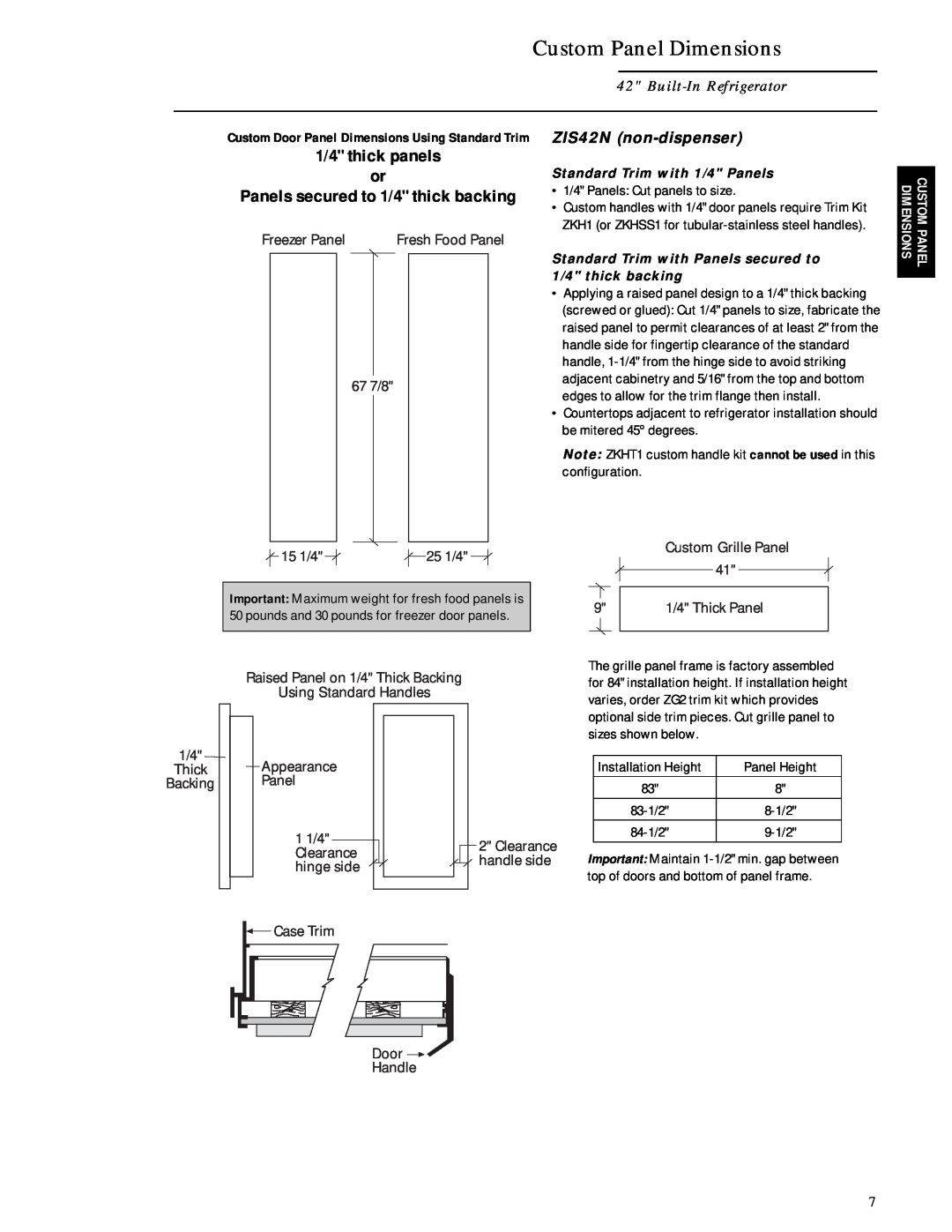 GE Monogram ZISB42D, ZISW42D Custom Panel Dimensions, Built-In Refrigerator, ZIS42N non-dispenser, 1/4 thick panels 