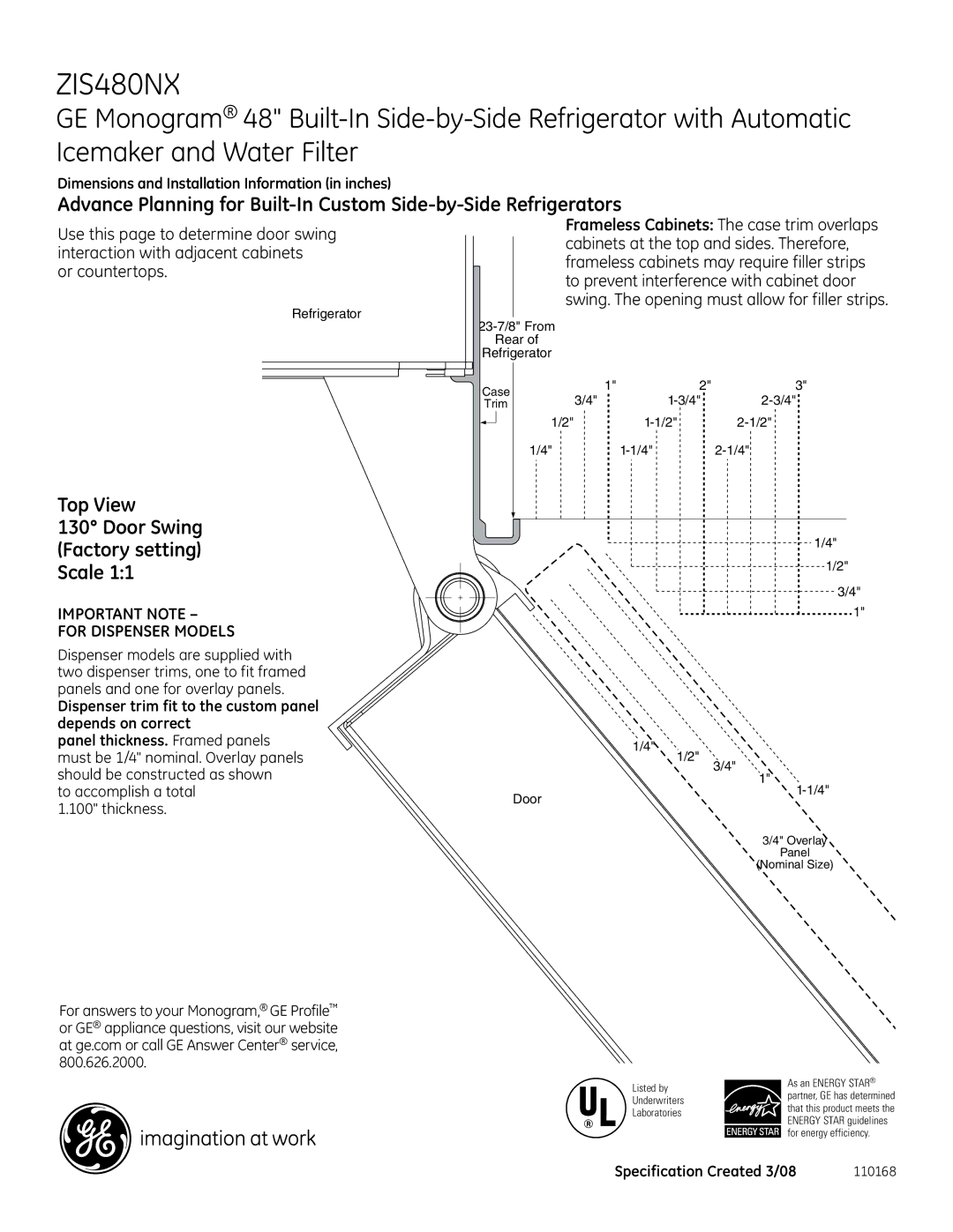 GE Monogram ZIS480NX dimensions Top View, Door Swing Factory setting Scale, To accomplish a total 1.100 thickness 