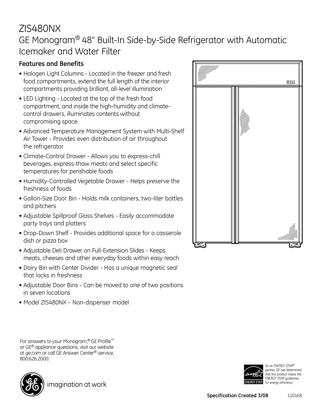 GE Monogram ZIS480NX dimensions Features and Benefits 